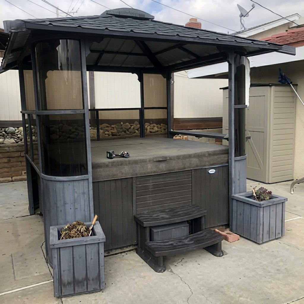 Covered spa under a gazebo