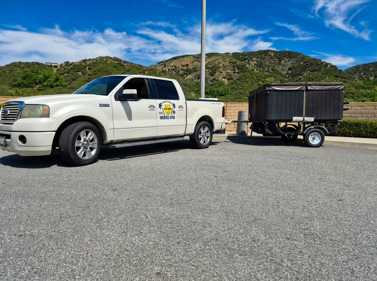 A&J Spa Pros truck hauling a spa on trailer